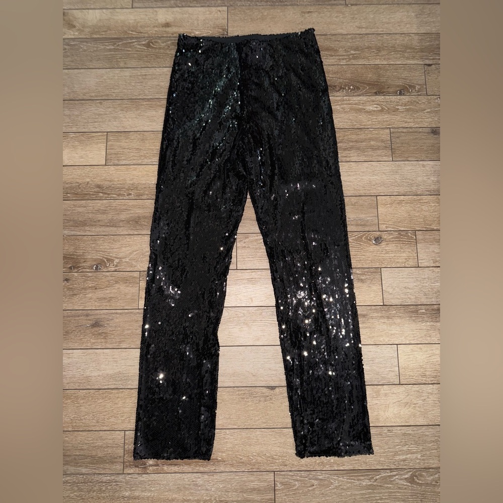 UEC ZARA BLACK EXTREME SEQUINS HIGH WAISTED PULL ON STRAIGHT LEG PANTS SZ L - Picture 5 of 13